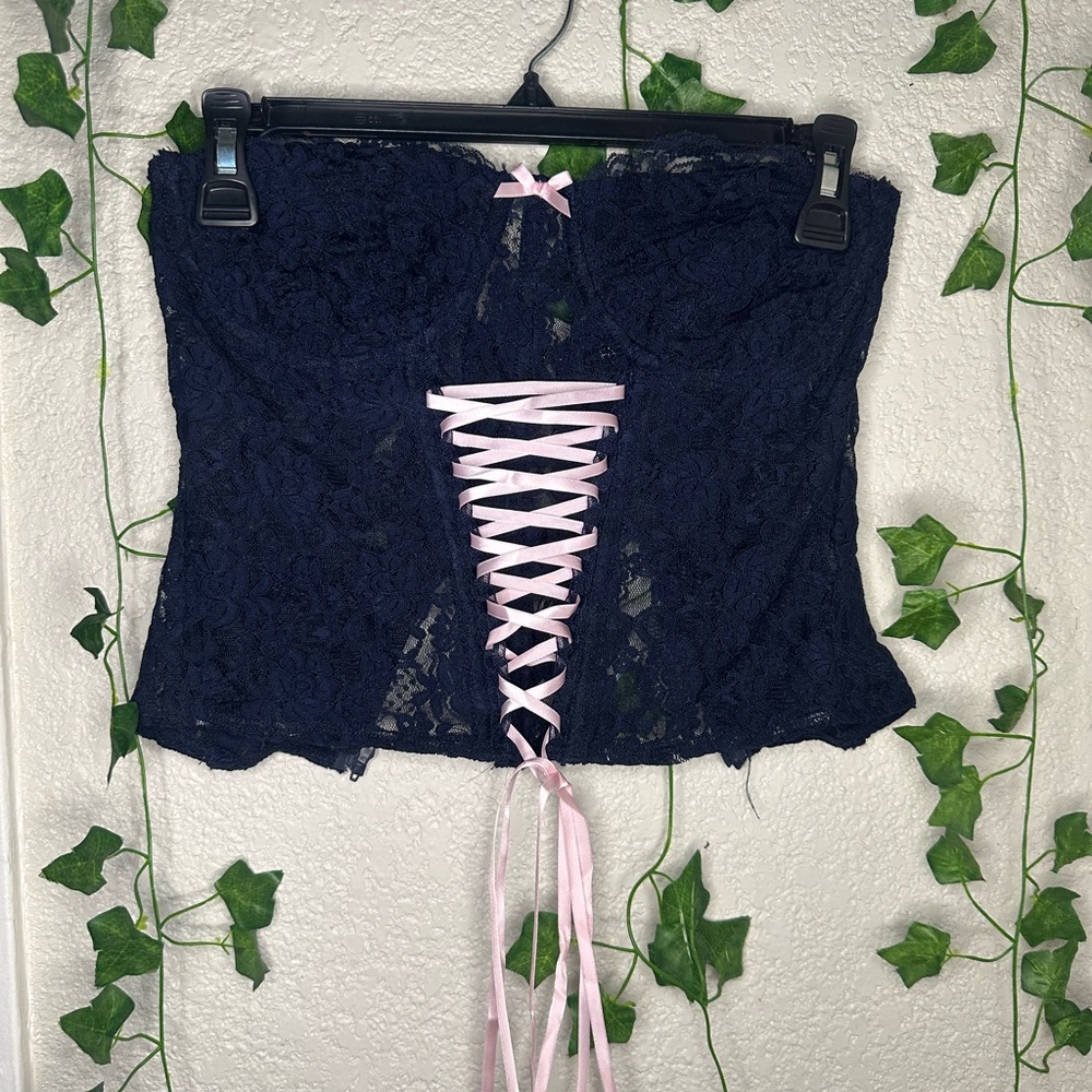 Fashion Nova Navy Lace Bandeau with Pink Ribbon